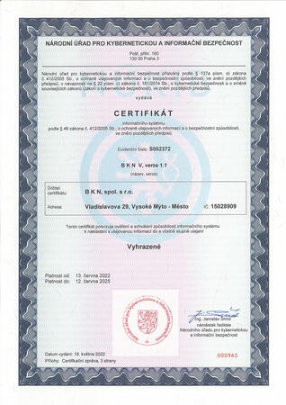 Certifikát NBÚ Vyhrazené