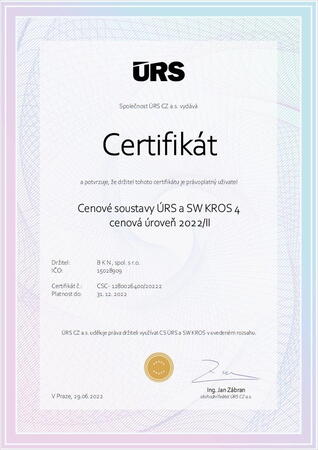 Certifikát uživatele Cenové soustavy ÚRS a SW KROS 4