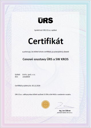 Certifikát uživatele Cenové soustavy ÚRS a SW KROS