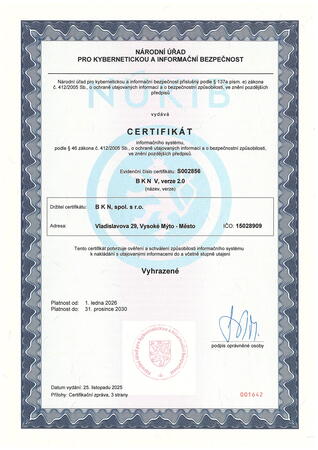 Certifikát NÚKIB Vyhrazené